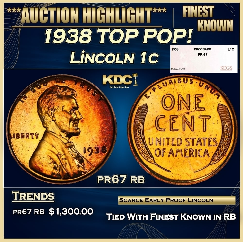 1938 Proof Lincoln Cent TOP POP! 1c pr67 rb SEGS: 1938 TOP POP! Lincoln Cent 1c pr67 rb SEGS. 0