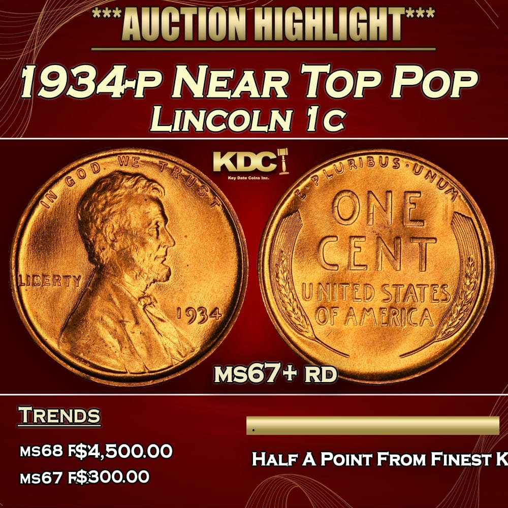1934-p Lincoln Cent Near Top Pop 1c ms67+ rd SEGS (1 of 3)