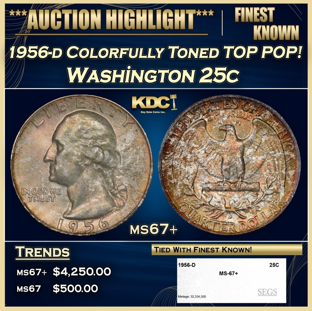 1956-d Washington Quarter Colorfully Toned TOP POP! 25c ms67+ SEGS: 1956-d Colorfully Toned TOP POP! Washington Quarter 25c ms67+ SEGS. 0