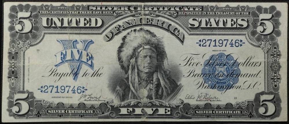 1899 $5 Large Size Silver Certificate Oncpapa Indian Chief Grades vf++ Signatures Lyons/Roberts - 2