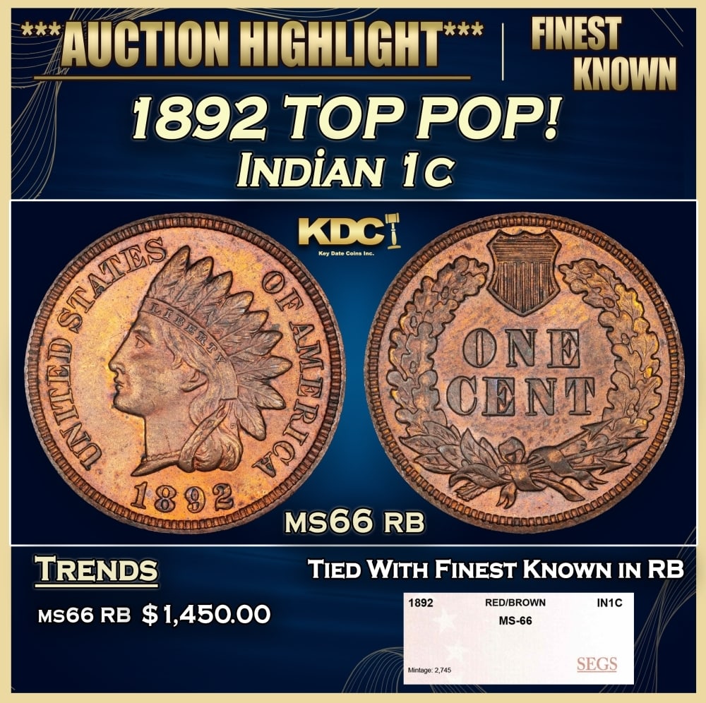 1892 Indian Cent TOP POP! 1c ms66 rb SEGS: 1892 TOP POP! Indian Cent 1c ms66 rb SEGS. 0