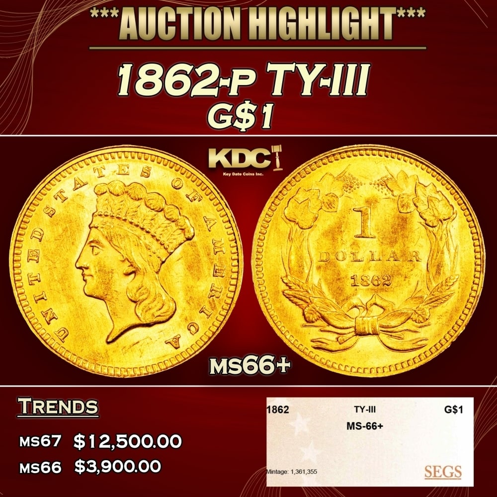 1862-p Gold Dollar TY-III $1 ms66+ SEGS: 1862-p TY-III Gold Dollar $1 ms66+ SEGS. 0