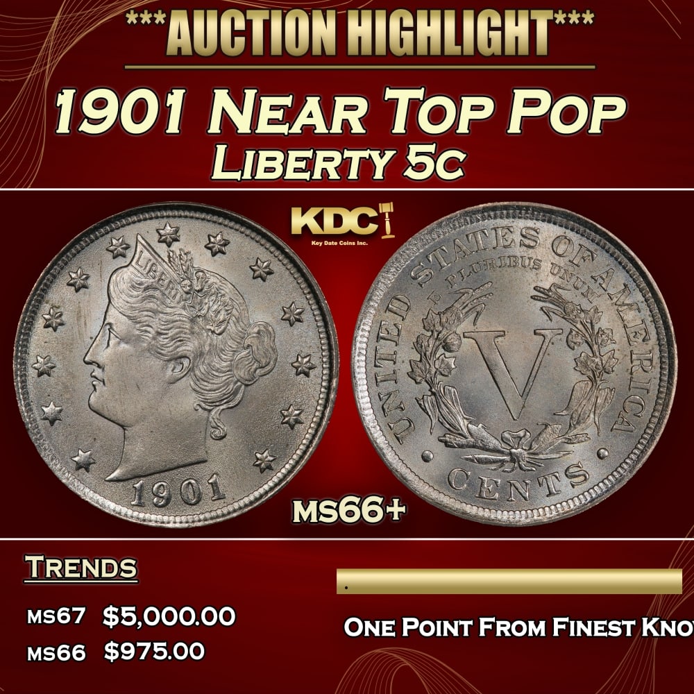 1901 Liberty Nickel Near Top Pop 5c ms66+ SEGS: 1901 Near Top Pop Liberty Nickel 5c ms66+ SEGS. 0