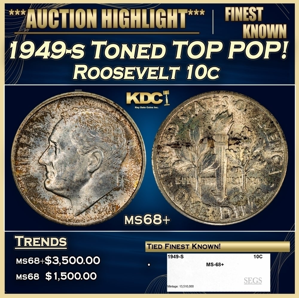 1949-s Roosevelt Dime Toned TOP POP! 10c ms68+ SEGS: 1949-s Toned TOP POP! Roosevelt Dime 10c ms68+ SEGS. 0