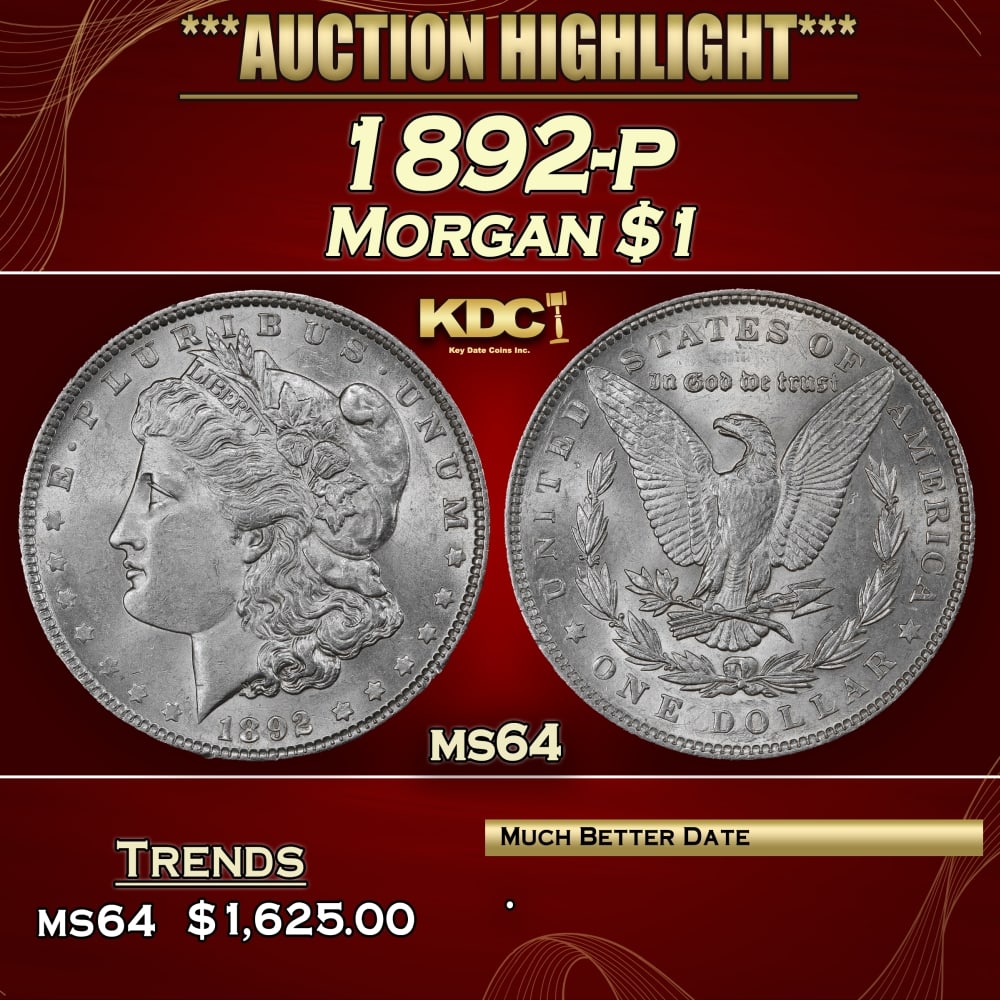 1892-p Morgan Dollar $1 ms64 SEGS: 1892-p Morgan Dollar $1 ms64 SEGS. 0