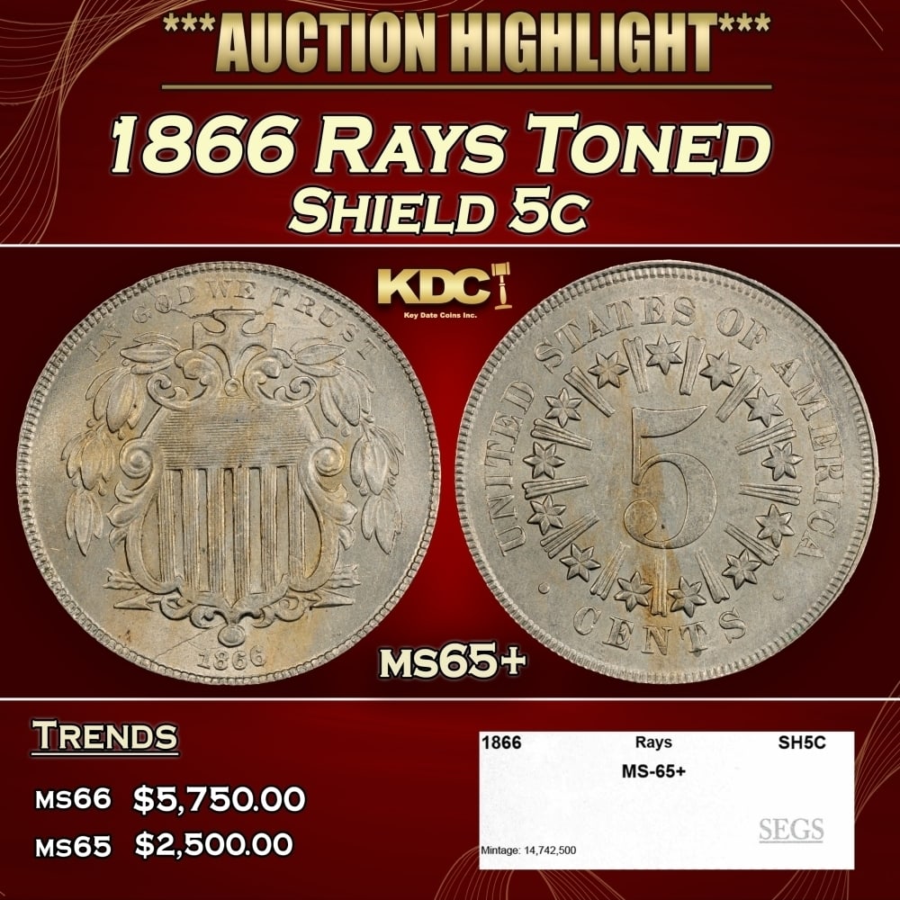 1866 Rays Shield Nickel Toned 5c ms65+ SEGS: 1866 Rays Toned Shield Nickel 5c ms65+ SEGS. 0