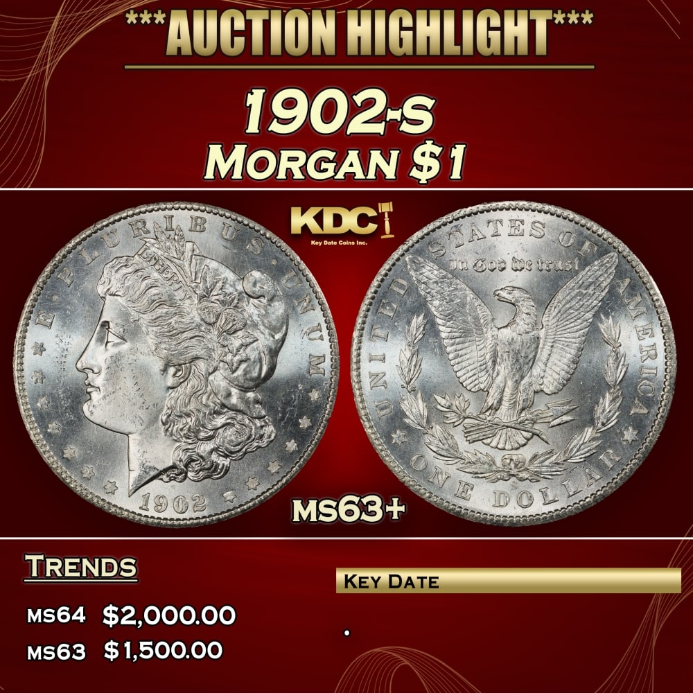 1902-s Morgan Dollar $1 ms63+ USCG: 1902-s Morgan Dollar $1 ms63+ USCG. 0