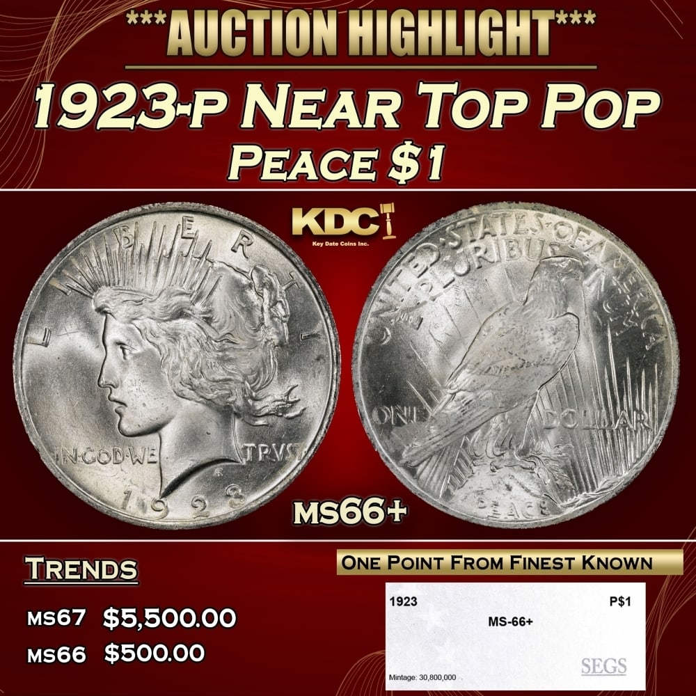 1923-p Peace Dollar Near Top Pop $1 ms66+ SEGS: 1923-p Near Top Pop Peace Dollar $1 ms66+ SEGS. 0