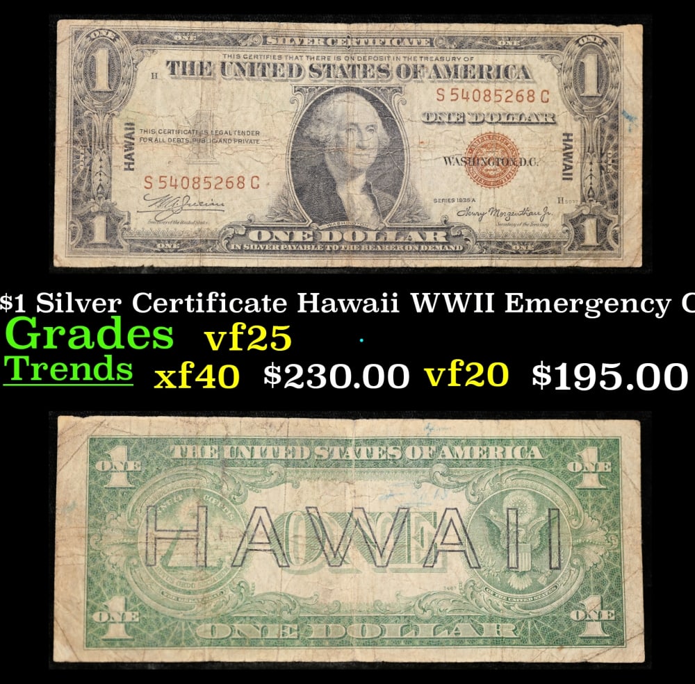 1935A $1 Silver Certificate Hawaii WWII Emergency Currency Grades vf+: 1935A $1 Silver Certificate Hawaii WWII Emergency Currency Grades vf+. FR-2300 Signatures of Julian & Morgenthau WWII Emergency Currency. It was the darkest days of World War II, just after Pearl Harb