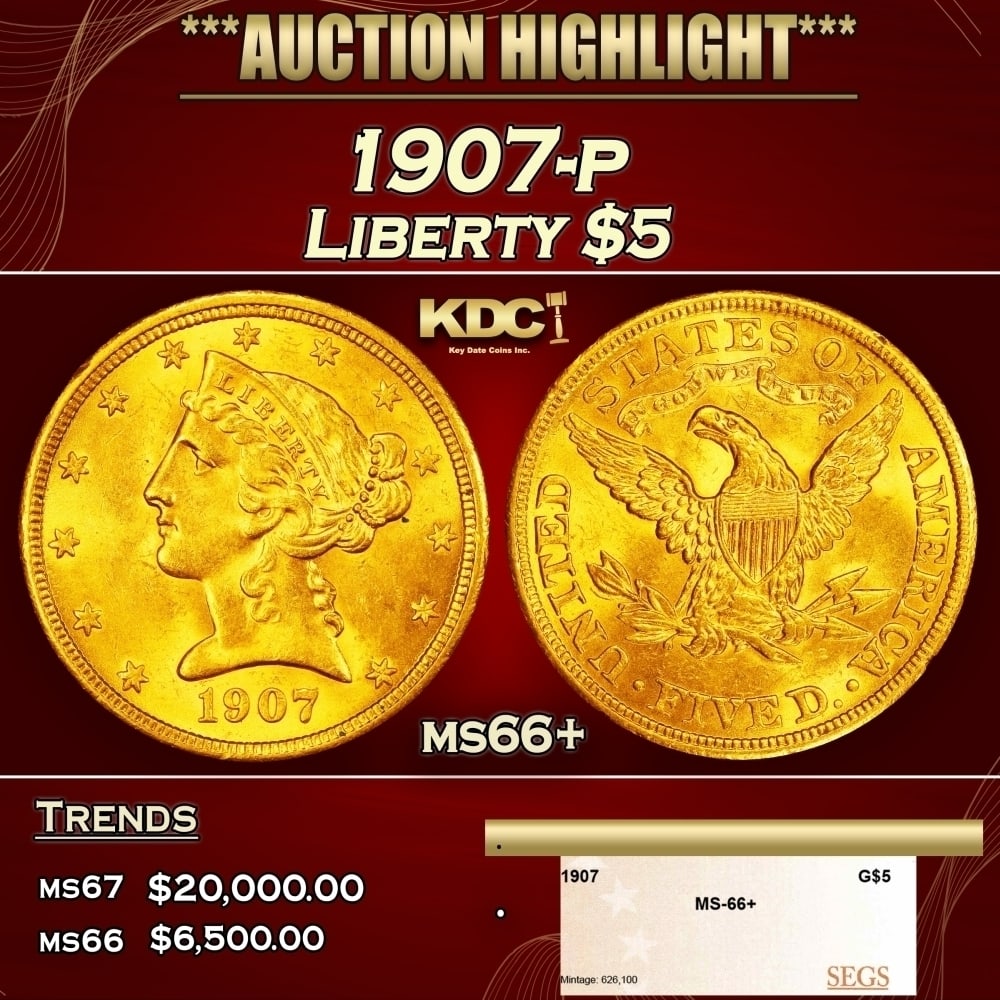 1907-p Gold Liberty Half Eagle $5 ms66+ SEGS (1 of 4)
