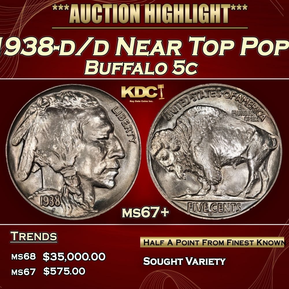 1938-d/d Buffalo Nickel Near Top Pop 5c ms67+ SEGS: 1938-d/d Near Top Pop Buffalo Nickel 5c ms67+ SEGS.