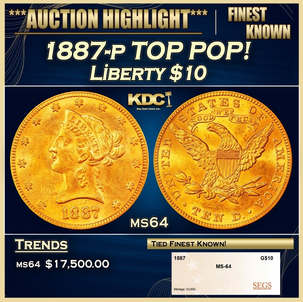 1887-p Gold Liberty Eagle TOP POP! $10 ms64 SEGS: 1887-p TOP POP! Gold Liberty Eagle $10 ms64 SEGS. 0