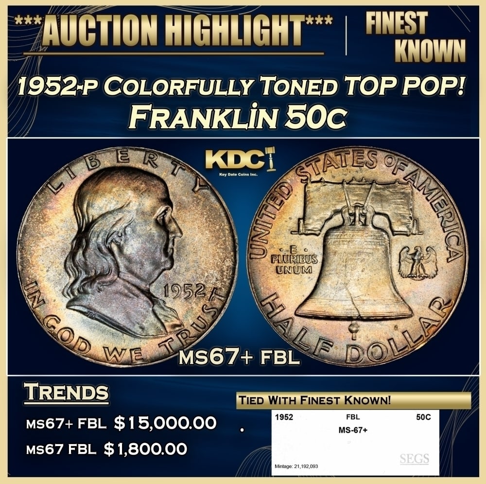 1952-p Franklin Half Dollar Colorfully Toned TOP POP! 50c ms67+ fbl SEGS: 1952-p Colorfully Toned TOP POP! Franklin Half Dollar 50c ms67+ fbl SEGS. 0