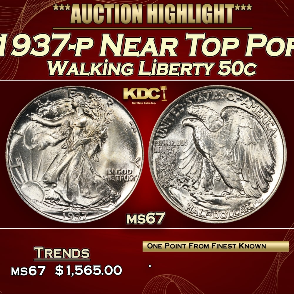 1937-p Walking Liberty Half Dollar Near Top Pop 50c ms67 SEGS: 1937-p Near Top Pop Walking Liberty Half Dollar 50c ms67 SEGS.