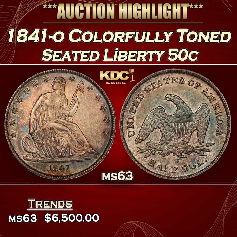 1841-o Seated Half Dollar Colorfully Toned 50c ms63 USCG: 1841-o Colorfully Toned Seated Half Dollar 50c ms63 USCG. 0
