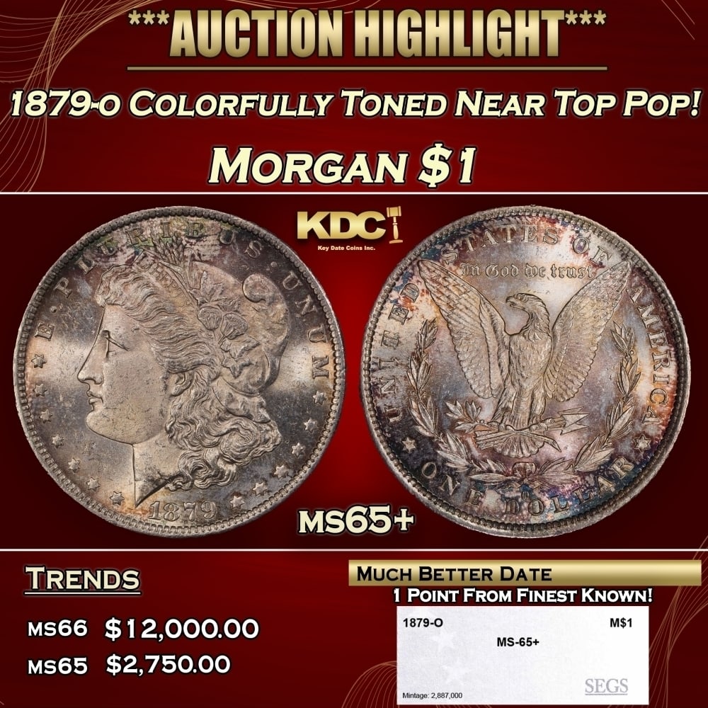 1879-o Morgan Dollar Colorfully Toned Near Top Pop! $1 ms65+ SEGS: 1879-o Colorfully Toned Near Top Pop! Morgan Dollar $1 ms65+ SEGS. A Key Date's Pick, Bid to Win, Don't let it get Away, you might not find its equal Coin. I give this coin my highest recommendation