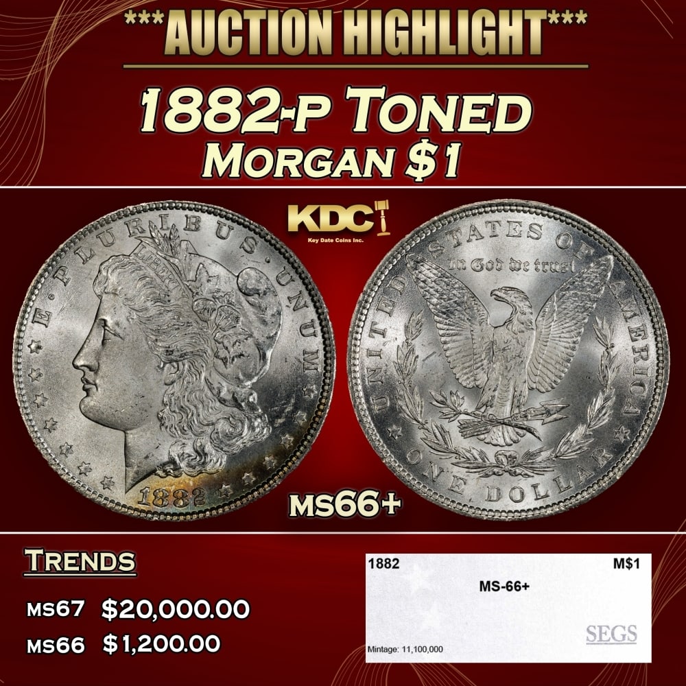 1882-p Morgan Dollar Toned $1 ms66+ SEGS: 1882-p Toned Morgan Dollar $1 ms66+ SEGS. 0
