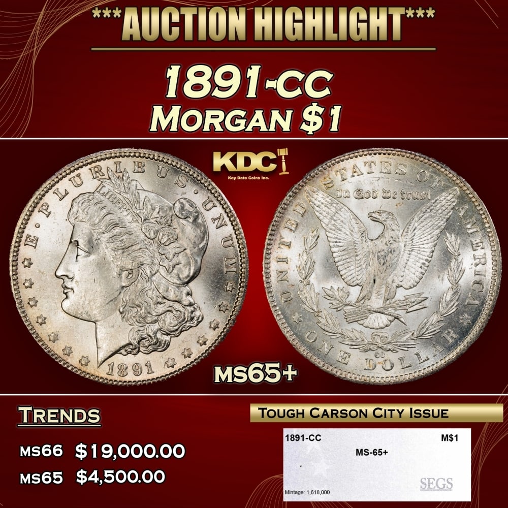 1891-cc Morgan Dollar $1 ms65+ SEGS: 1891-cc Morgan Dollar $1 ms65+ SEGS. 0
