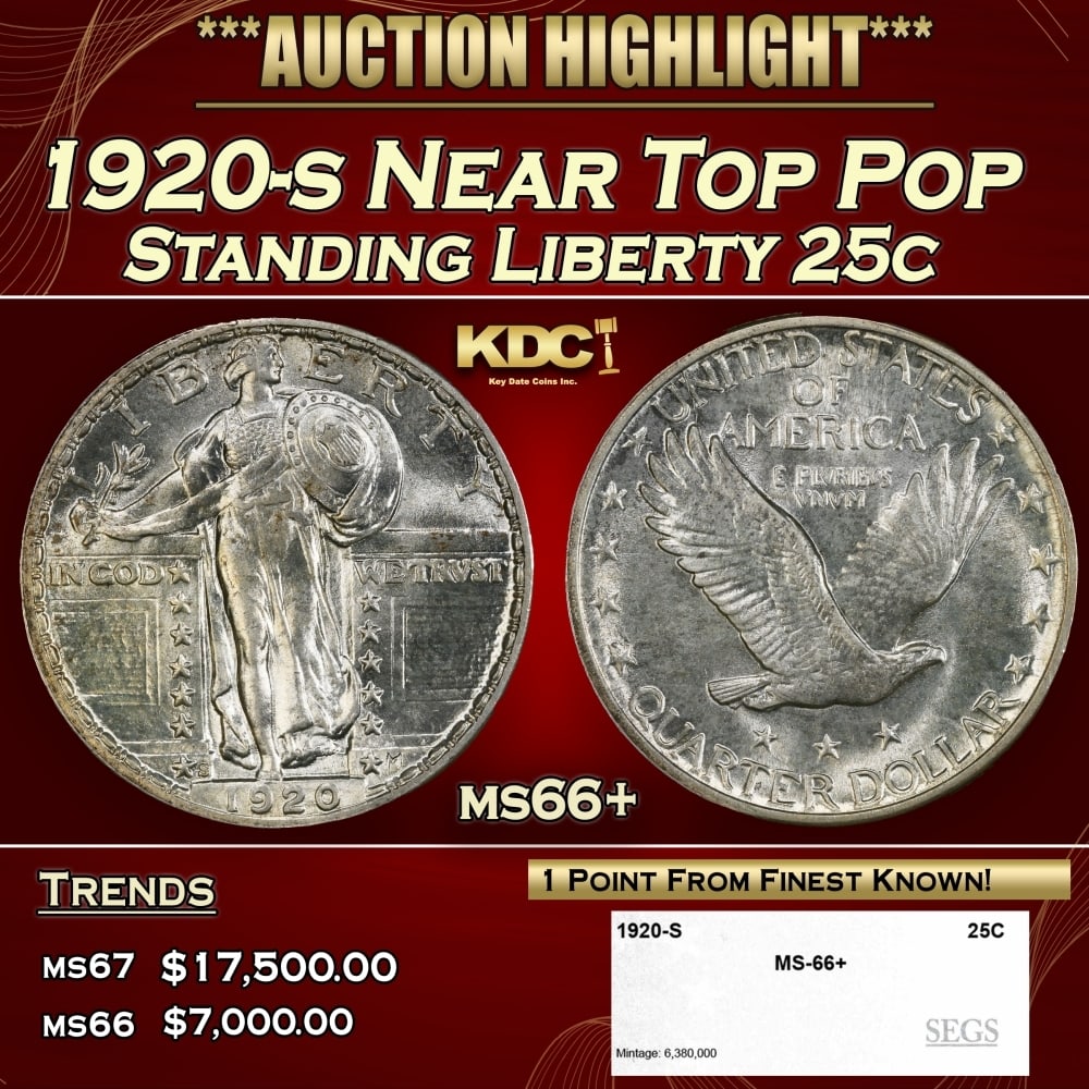 1920-s Standing Liberty Quarter Near Top Pop 25c ms66+ SEGS (1 of 4)