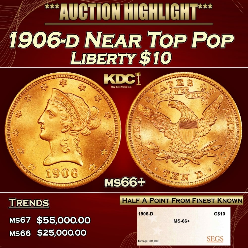 1906-d Gold Liberty Eagle Near Top Pop $10 ms66+ SEGS: 1906-d Near Top Pop Gold Liberty Eagle $10 ms66+ SEGS. 0