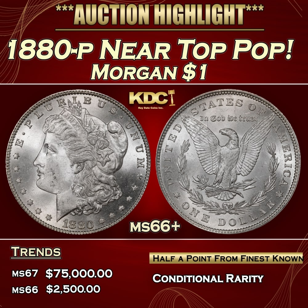 1880-p Morgan Dollar Near Top Pop! $1 ms66+ SEGS: 1880-p Near Top Pop! Morgan Dollar $1 ms66+ SEGS. 0 Each side of this top-certified Registry coin remains wholly brilliant with vibrant cartwheel luster. The fields and cheek are clean.