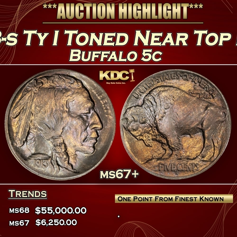 1913-s Ty I Buffalo Nickel Toned Near Top Pop 5c ms67+ SEGS: 1913-s Ty I Toned Near Top Pop Buffalo Nickel 5c ms67+ SEGS. 0