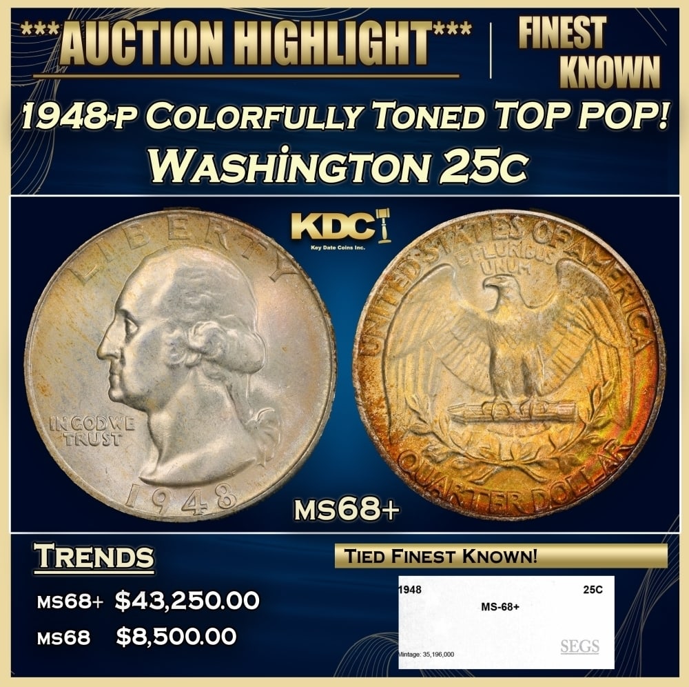 1948-p Washington Quarter Colorfully Toned TOP POP! 25c ms68+ SEGS: 1948-p Colorfully Toned TOP POP! Washington Quarter 25c ms68+ SEGS. 0