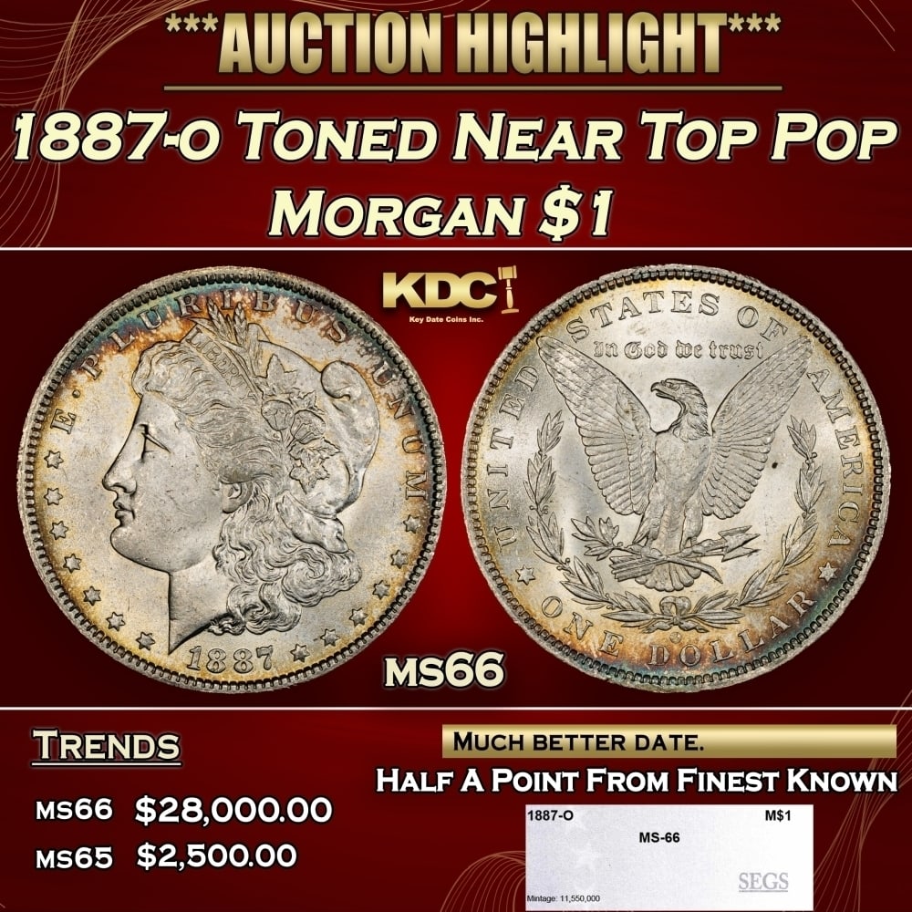 1887-o Morgan Dollar Toned Near Top Pop $1 ms66 SEGS: 1887-o Toned Near Top Pop Morgan Dollar $1 ms66 SEGS. 0