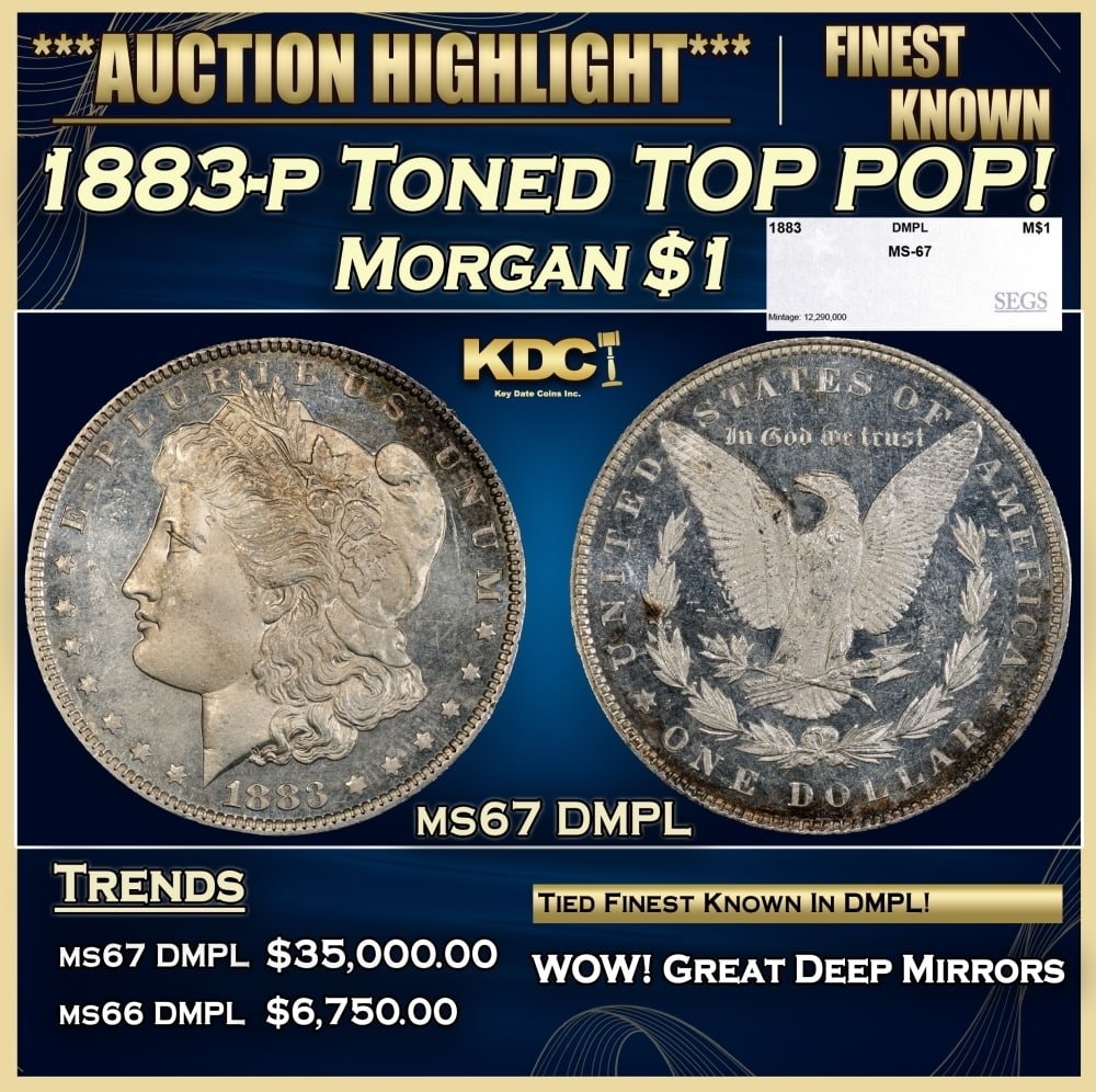 1883-p Morgan Dollar Toned TOP POP! $1 ms67 DMPL SEGS: 1883-p Toned TOP POP! Morgan Dollar $1 ms67 DMPL SEGS. 0