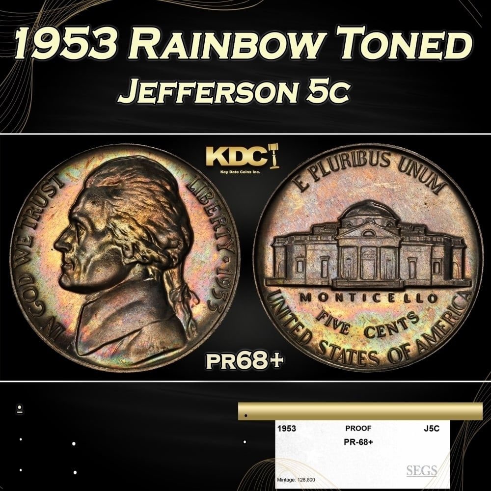 1953 Proof Jefferson Nickel Rainbow Toned 5c pr68+ SEGS: 1953 Rainbow Toned Jefferson Nickel 5c pr68+ SEGS. 0
