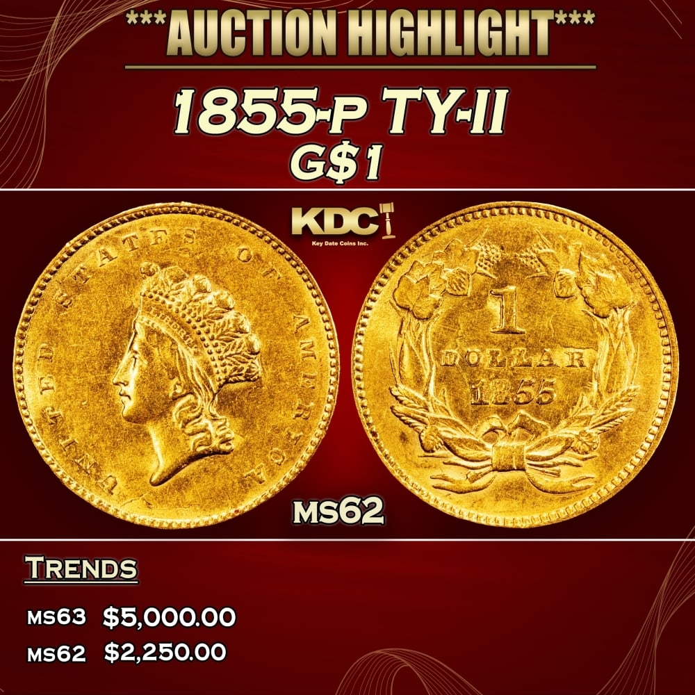 1855-p Gold Dollar TY-II $1 ms62 USCG: 1855-p TY-II Gold Dollar $1 ms62 USCG. The small 12.7 mm diameter of the Type I gold dollar brought about a few complaints of it being easy to lose, like the silver trime. To address this, Longacre en