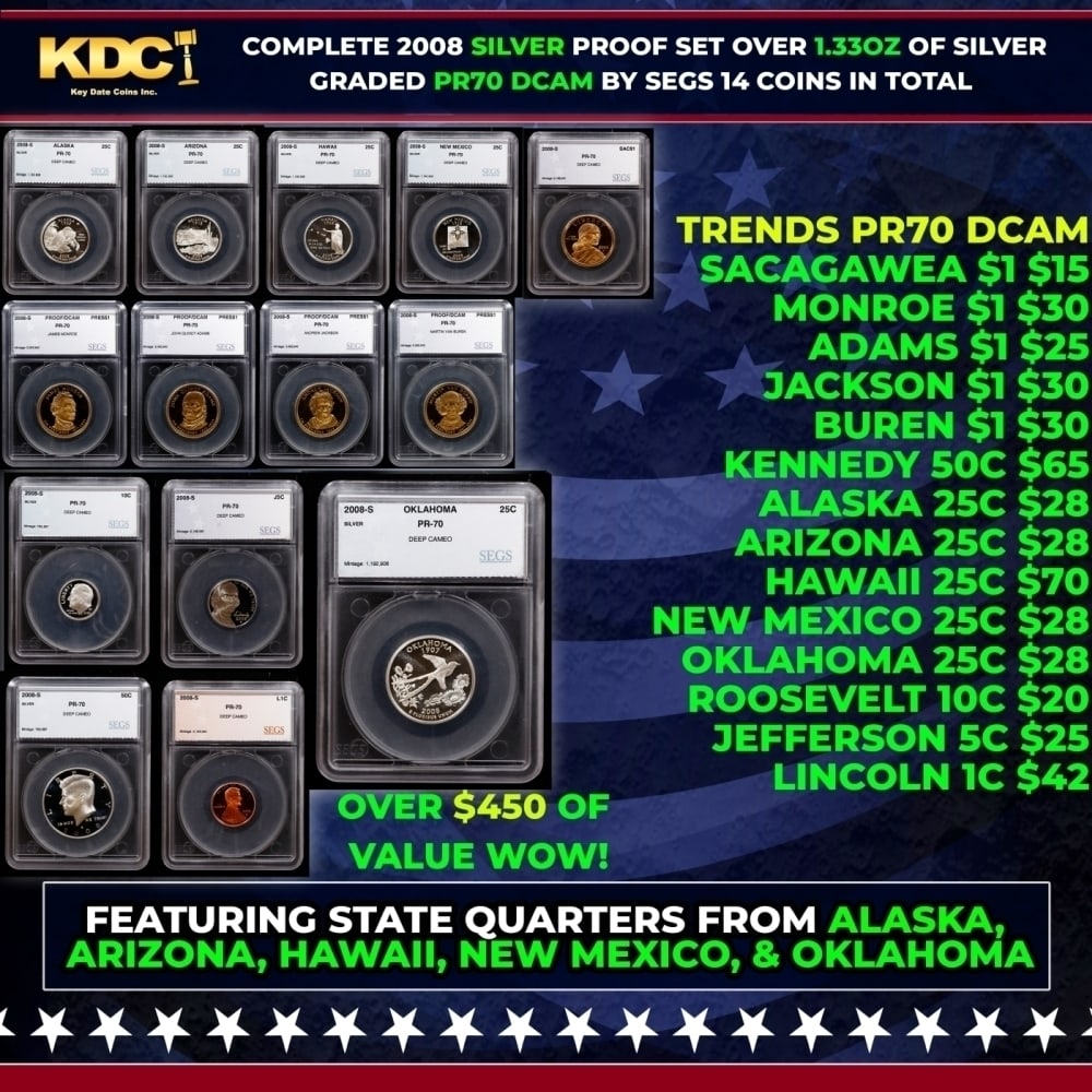 2008 US Silver Proof Set Graded pr70 DCAM By SEGS about 1.5 oz of pure silver 14 Coins: 2008 US Silver Proof Set Graded pr70 DCAM By SEGS about 1.5 oz of pure silver 14 Coins. Historic precious metal trends is causing increased spot pricing by the day. On auctions with set openings, we a