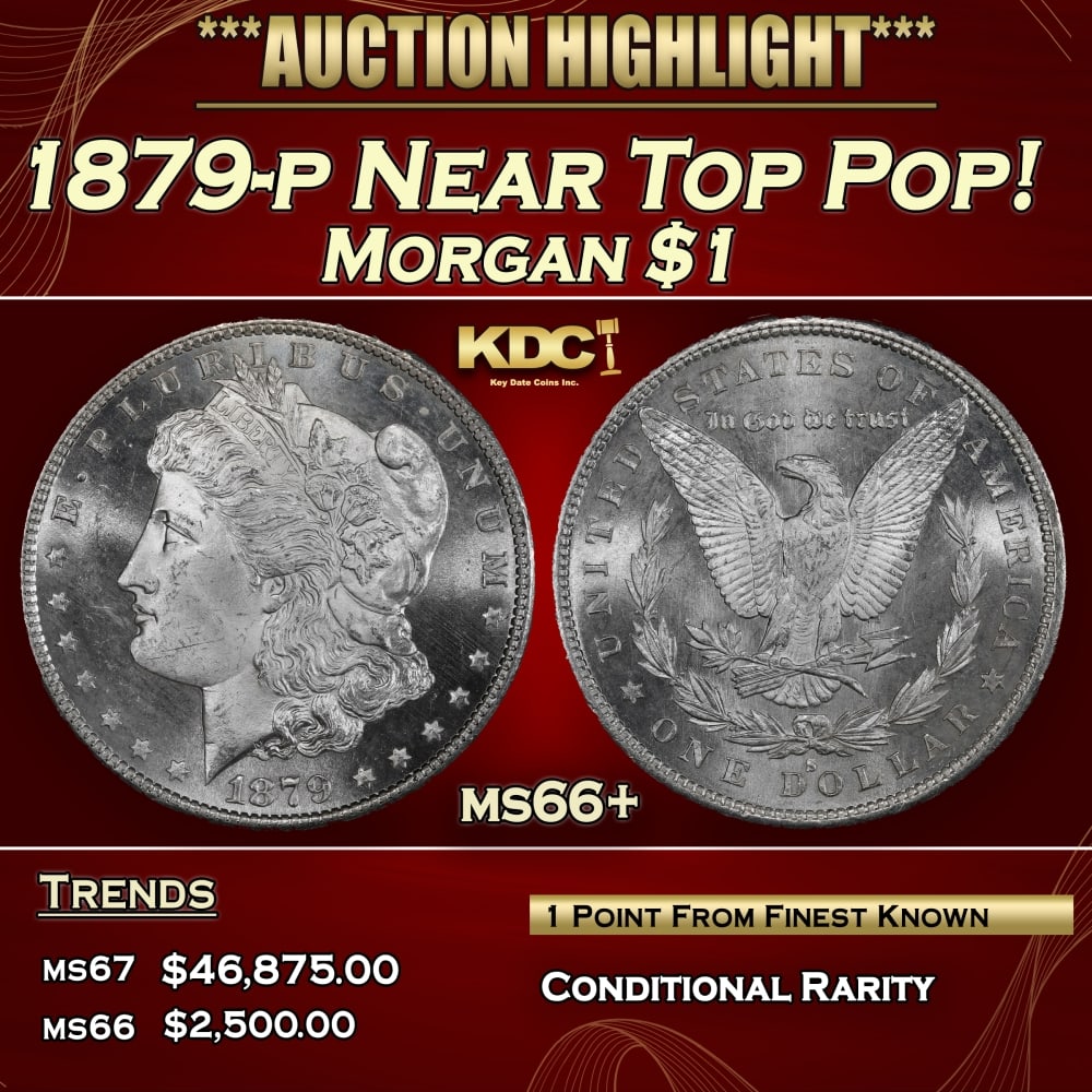 1879-p Morgan Dollar Near Top Pop! $1 ms66+ SEGS: 1879-p Near Top Pop! Morgan Dollar $1 ms66+ SEGS. 0 Beautifully preserved with original, brilliant mint luster and well-struck design elements. A vibrant cartwheel effect adorns each side, and Liberty