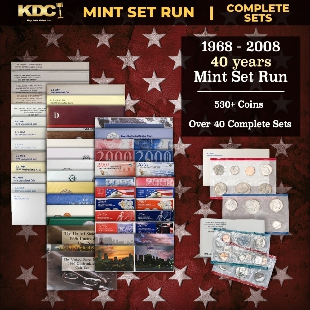 1968-2008 40 Years Mint Set Run - 533 Coins, 41 Complete Sets: 1968-2008 40 Years Mint Set Run - 533 Coins, 41 Complete Sets. 1968-2008 40 Years Mint Set Run - 535 Coins, 41 Complete Sets. This set includes all 50 State Quarter varieties. The 1996 Mint Set contai