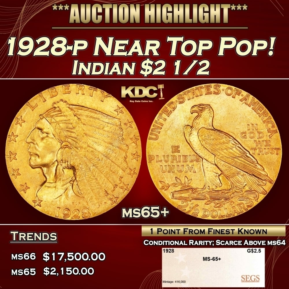 1928-p Gold Indian Quarter Eagle Near Top Pop! $2 1/2 ms65+ SEGS: 1928-p Near Top Pop! Gold Indian Quarter Eagle $2 1/2 ms65+ SEGS. Per David Akers of PCGS" The 1928 is slightly more rare overall than the 1926 and 1927 and although MS-63 or lesser quality specimens 