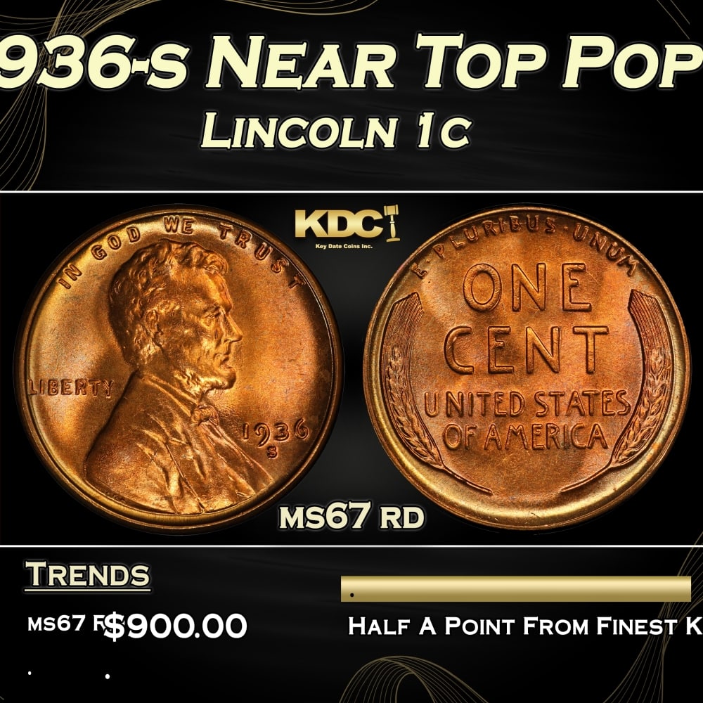 1936-s Lincoln Cent Near Top Pop 1c ms67 rd SEGS (1 of 3)