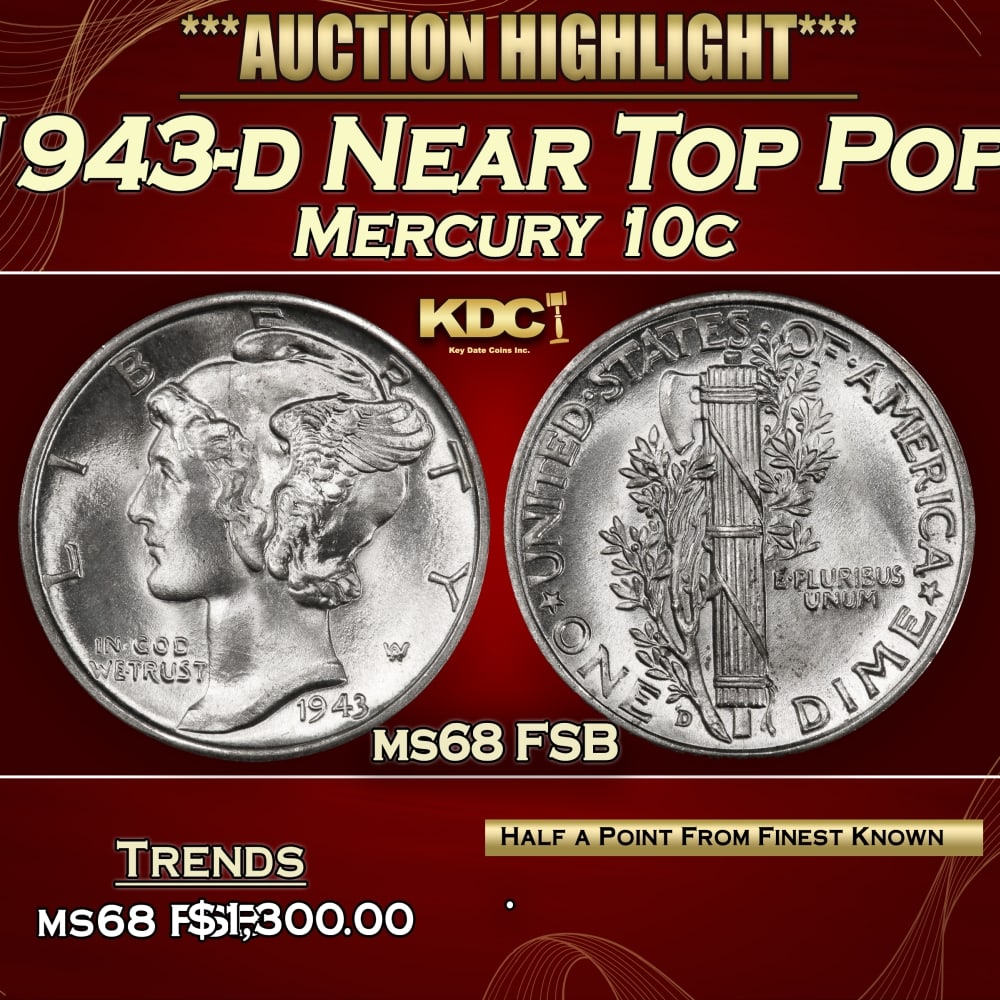1943-d Mercury Dime Near Top Pop! 10c ms68 FSB SEGS: 1943-d Near Top Pop! Mercury Dime 10c ms68 FSB SEGS.