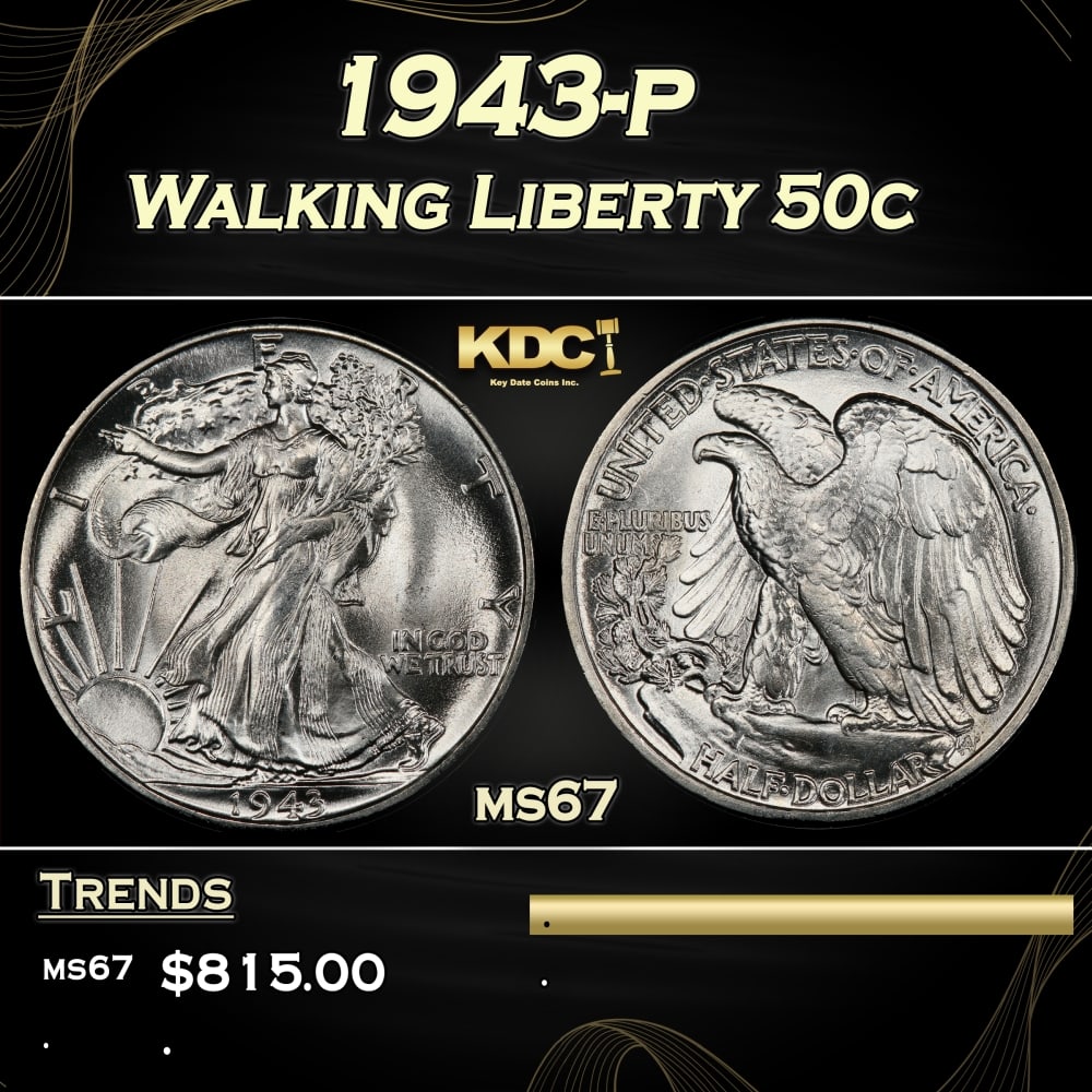 1943-p Walking Liberty Half Dollar 50c ms67 SEGS: 1943-p Walking Liberty Half Dollar 50c ms67 SEGS.