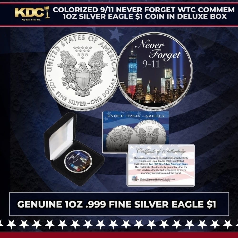 Colorized 9/11 Never Forget WTC Commem 1oz Silver Eagle $1 Coin in Deluxe Box Other Toy: Colorized 9/11 Never Forget WTC Commem 1oz Silver Eagle $1 Coin in Deluxe Box. Seize this chance to acquire a stunning 9/11 Memorial colorized American Silver Eagle Dollar coin, expertly colorized by 