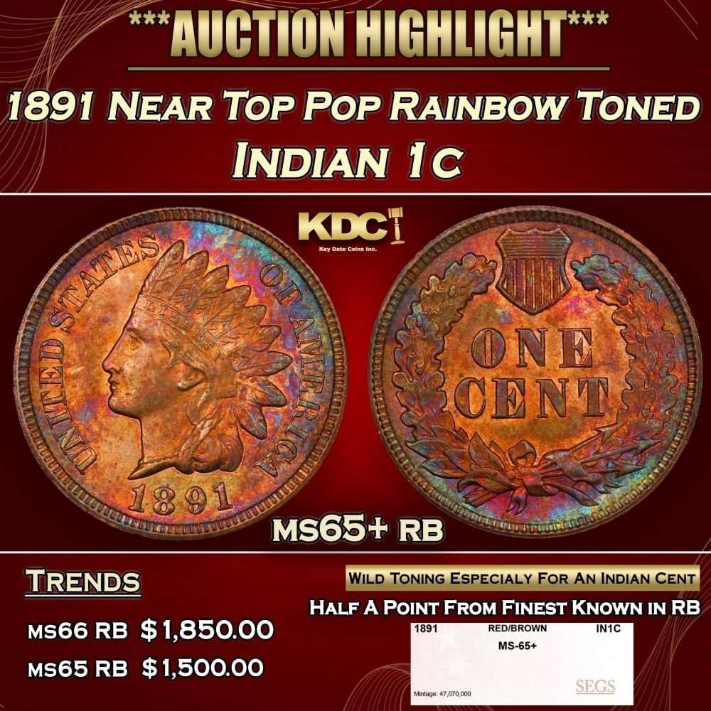 1891 Indian Cent Near Top Pop Rainbow Toned 1c ms65+ rb SEGS (1 of 4)