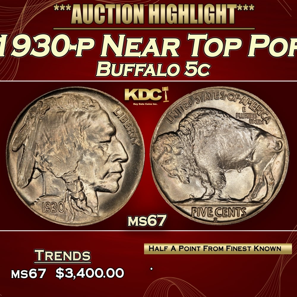 1930-p Buffalo Nickel Near Top Pop 5c ms67 SEGS: 1930-p Near Top Pop Buffalo Nickel 5c ms67 SEGS.