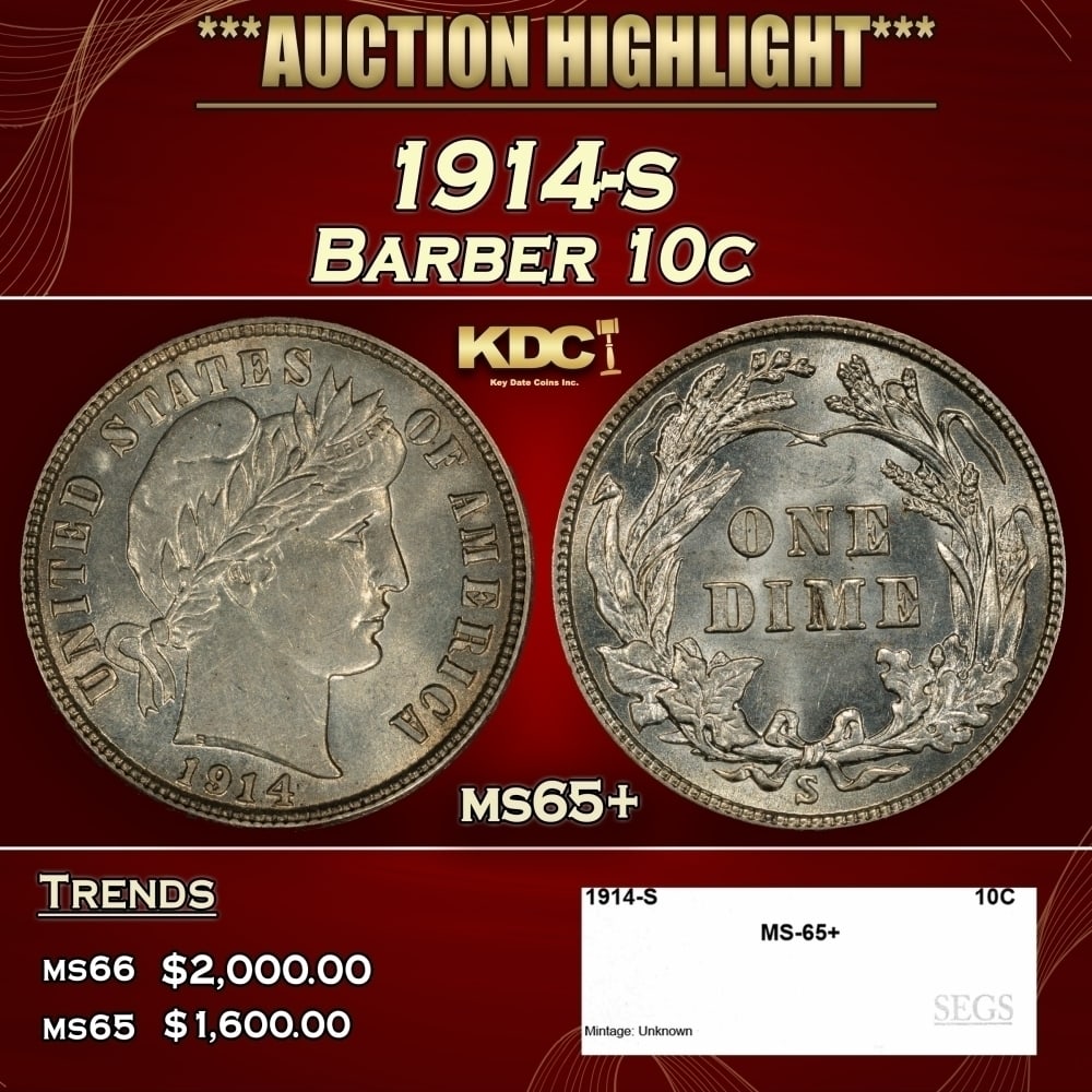 1914-s Barber Dime 10c ms65+ SEGS: 1914-s Barber Dime 10c ms65+ SEGS. 0