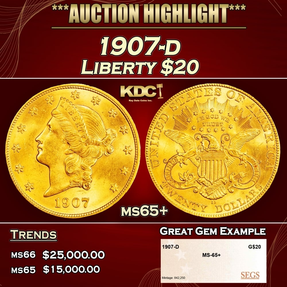 1907-d Gold Liberty Double Eagle $20 ms65+ SEGS (1 of 4)