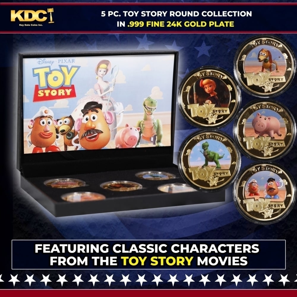 5 Coin Toy Story Gold Plated Round Collection In Custom Box W/ Special Backer card: 5 Coin Toy Story Gold Plated Round Collection In Custom Box W/ Special Backer card. Please Note All Backer Cards may have slight differences but will be very similar if not identical to the one in the