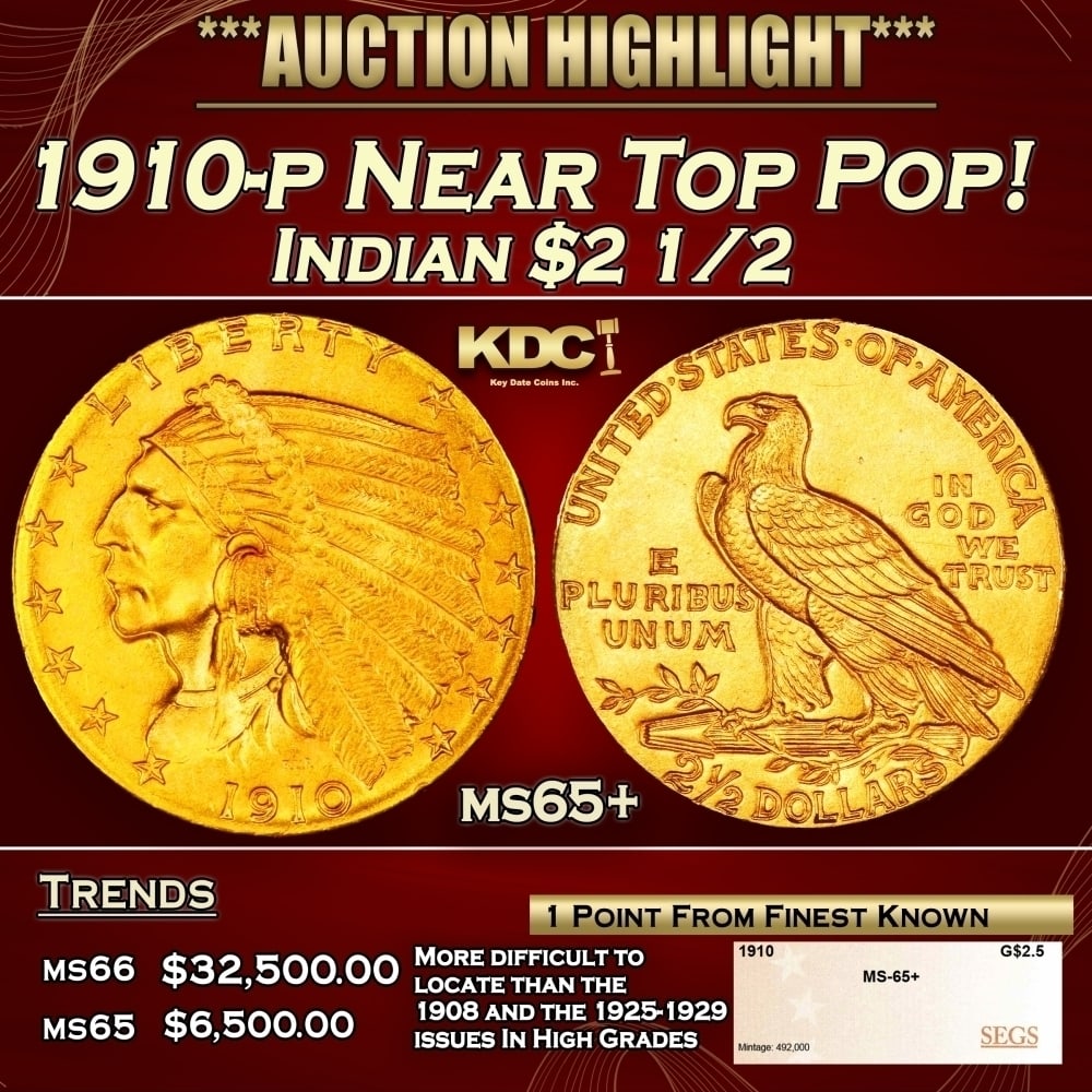 1910-p Gold Indian Quarter Eagle Near Top Pop! $2 1/2 ms65+ SEGS: 1910-p Near Top Pop! Gold Indian Quarter Eagle $2 1/2 ms65+ SEGS. The 1910 Indian quarter eagle claims a nominal mintage of 492,000 pieces, and the issue is a medium rarity in the series in high grade