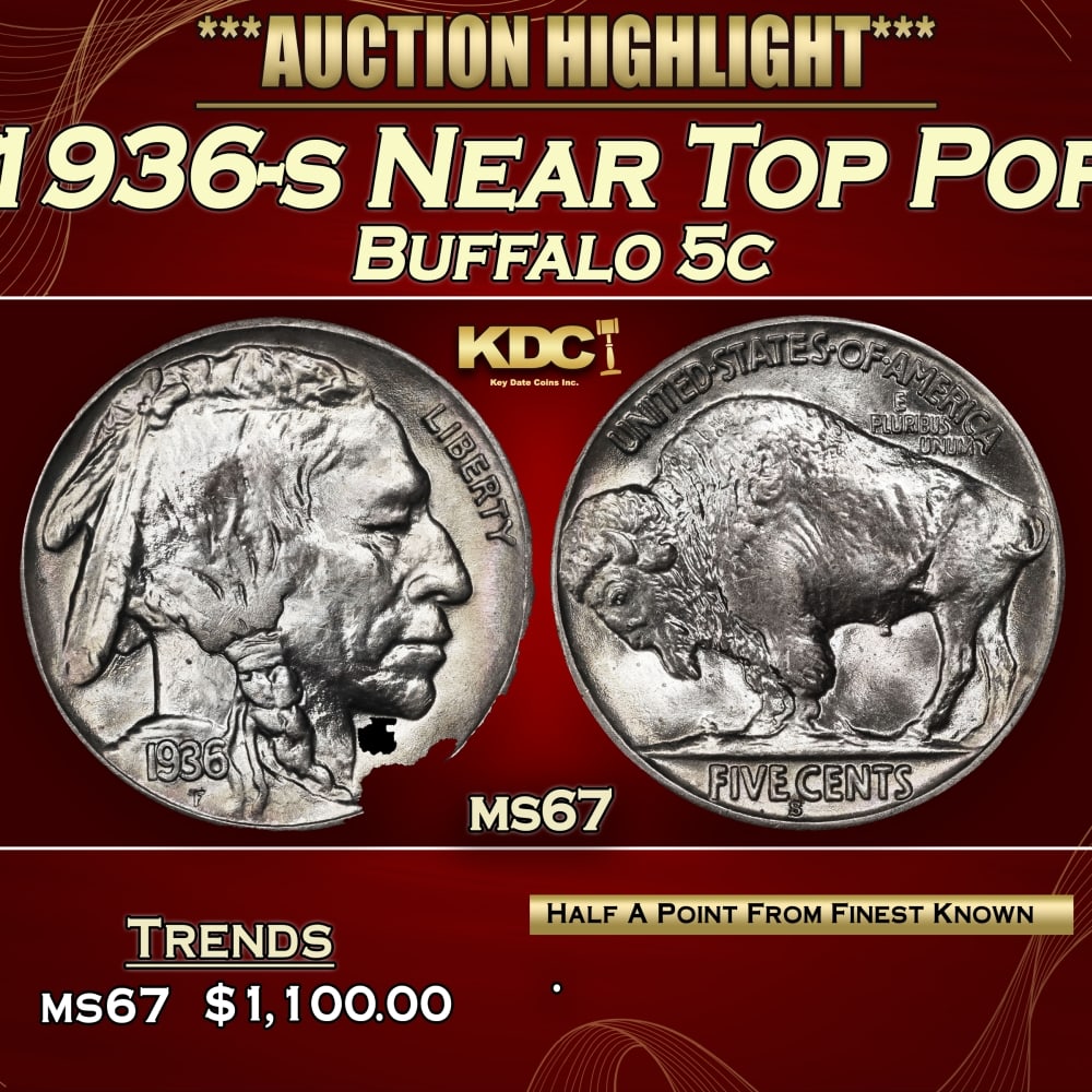 1936-s Buffalo Nickel Near Top Pop 5c ms67 SEGS: 1936-s Near Top Pop Buffalo Nickel 5c ms67 SEGS.