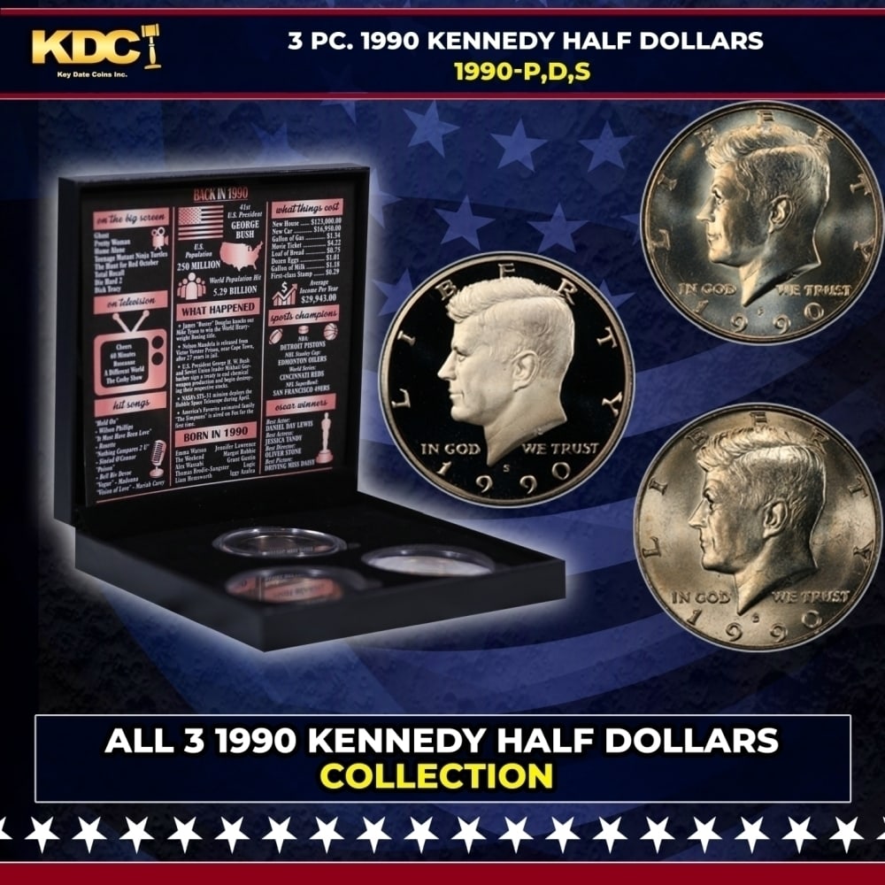 Complete 3 PC. 1990 Kennedy Half Dollar 50c set In Custom Box W/ Special Backer Card BU & Proof: Complete 3 PC. 1990 Kennedy Half Dollar 50c set In Custom Box W/ Special Backer Card BU & Proof COOL!. Please Note All Backer Cards may have slight differences but will be very similar if not identica