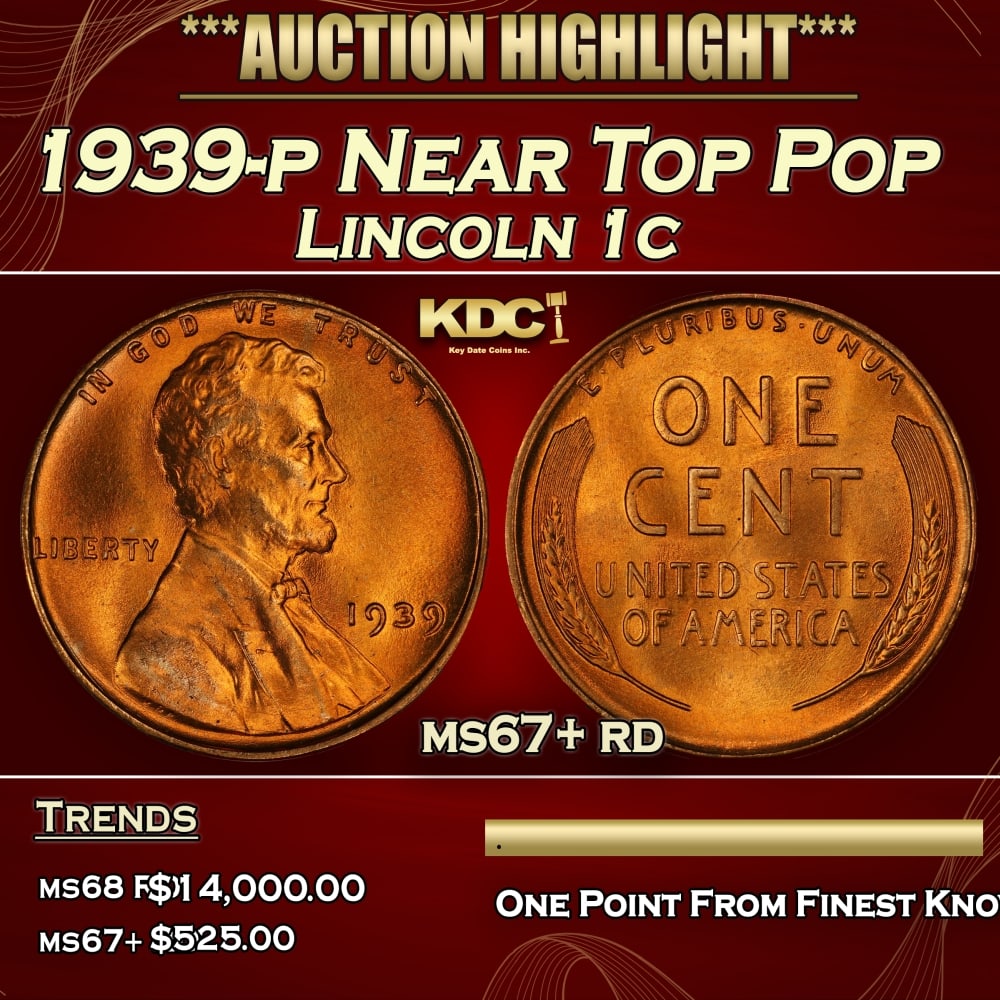 1939-p Lincoln Cent Near Top Pop 1c ms67+ rd SEGS (1 of 3)