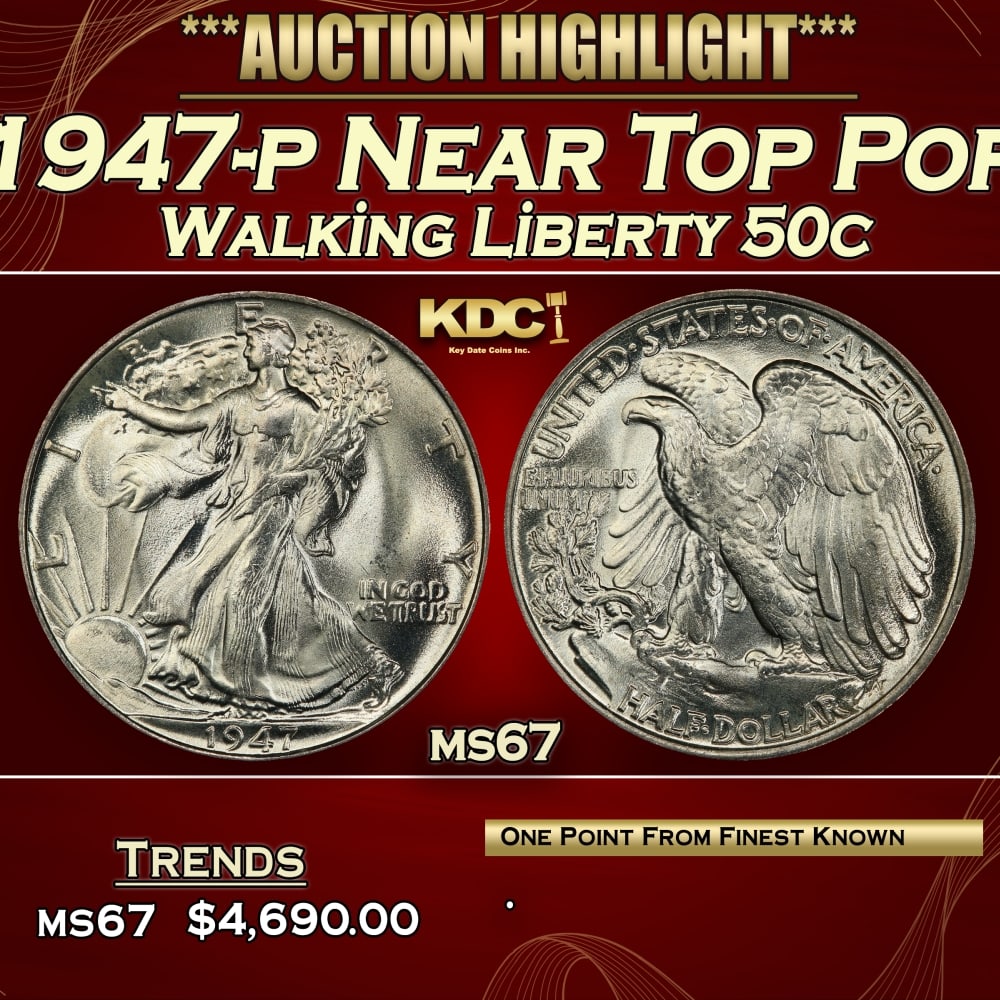1947-p Walking Liberty Half Dollar Near Top Pop 50c ms67 SEGS: 1947-p Near Top Pop Walking Liberty Half Dollar 50c ms67 SEGS.
