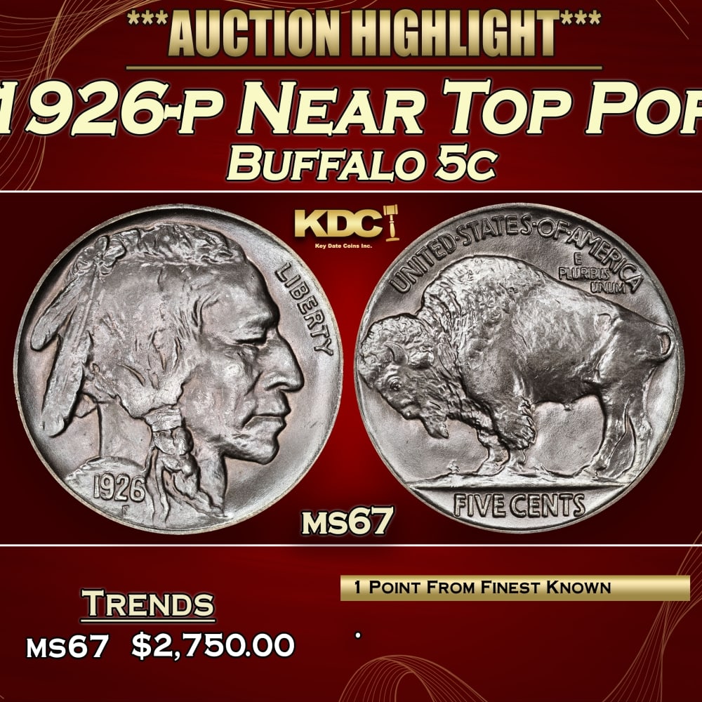 1926-p Buffalo Nickel Near Top Pop 5c ms67 SEGS: 1926-p Near Top Pop Buffalo Nickel 5c ms67 SEGS.